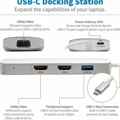 Tripp Lite USB C Docking Station w/ USB-A Hub, 2x HDMI, VGA, PD Charging 1080p @ 60 Hz, Silver USB Type C, US - U442DOCK12S