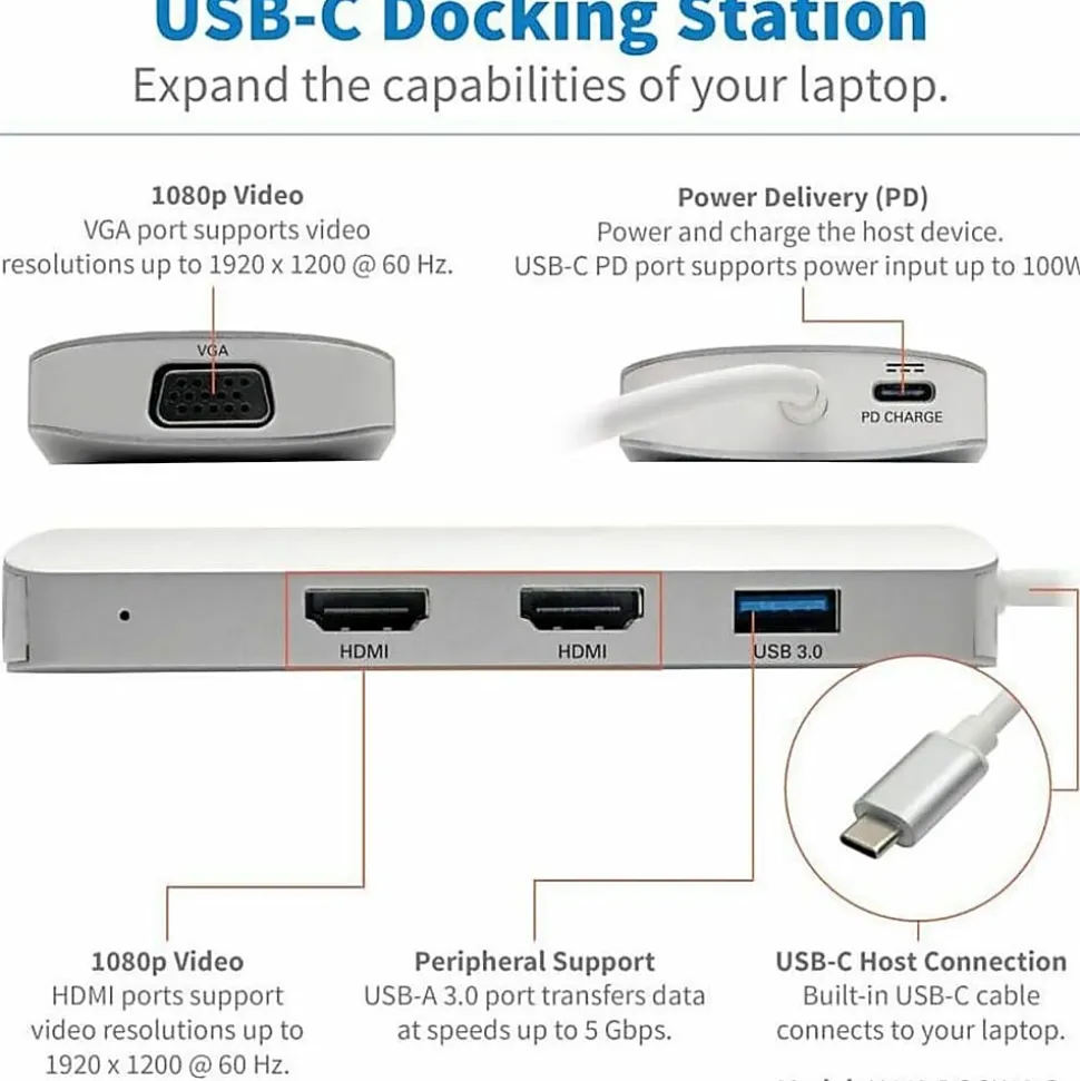 Tripp Lite USB C Docking Station w/ USB-A Hub, 2x HDMI, VGA, PD Charging 1080p @ 60 Hz, Silver USB Type C, US - U442DOCK12S