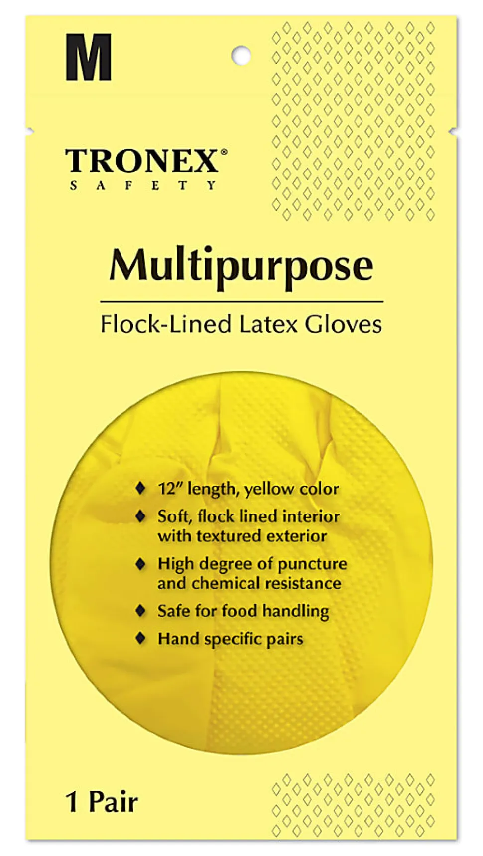 Tronex Multipurpose Flock-Lined Latex Gloves, Medium, Yellow, 24 Per Pack, Case Of 12 Packs