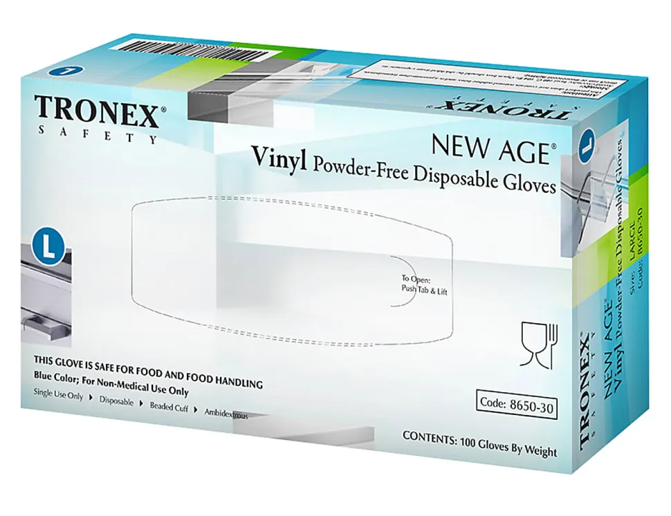 Tronex New Age Disposable Powder-Free Vinyl Gloves, Large, Blue, 100 Gloves Per Pack, Box Of 10 Packs