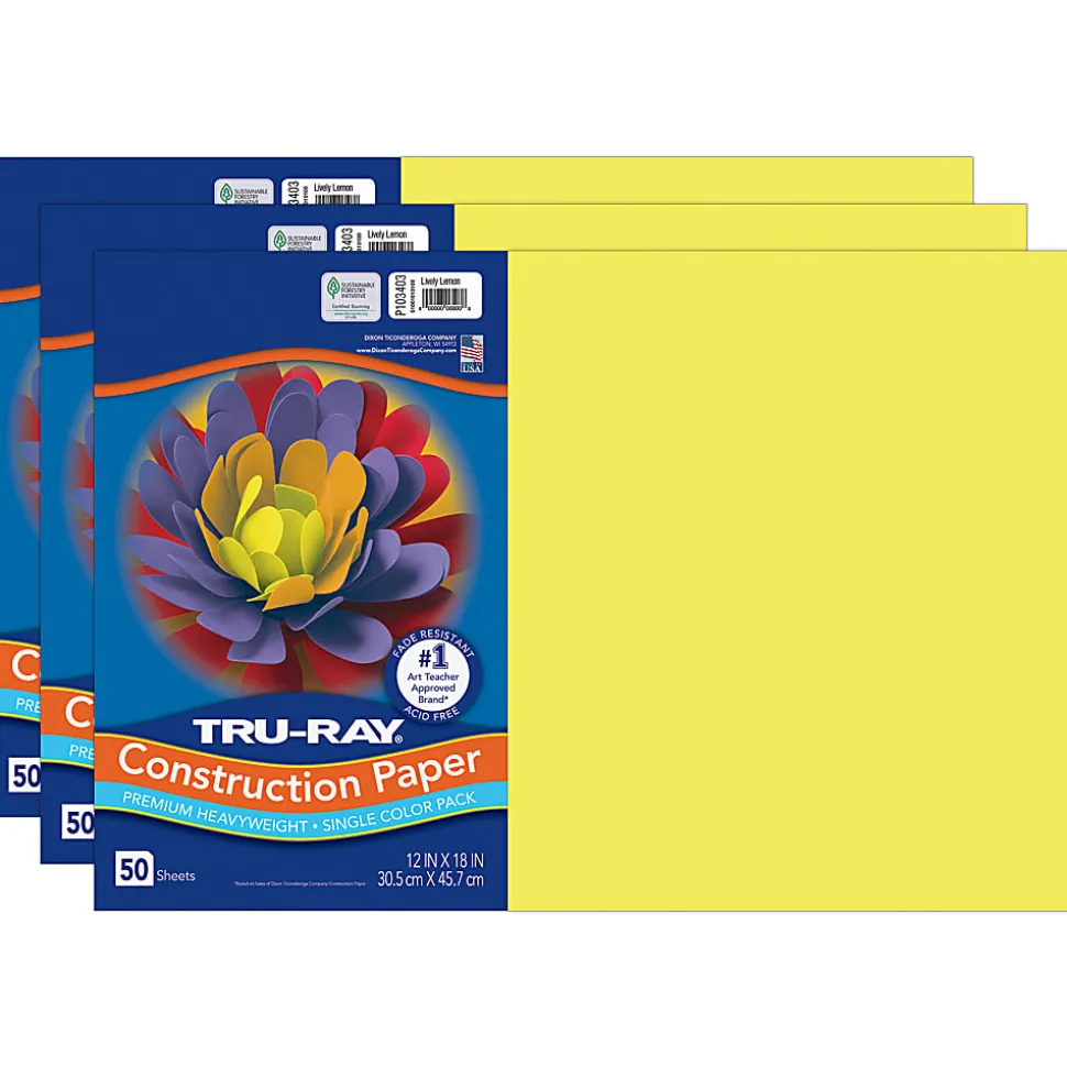 Tru-Ray Construction Paper, Heavyweight, 12" x 18", Lively Lemon, 50 Sheets Per Pack, Set Of 3 Packs