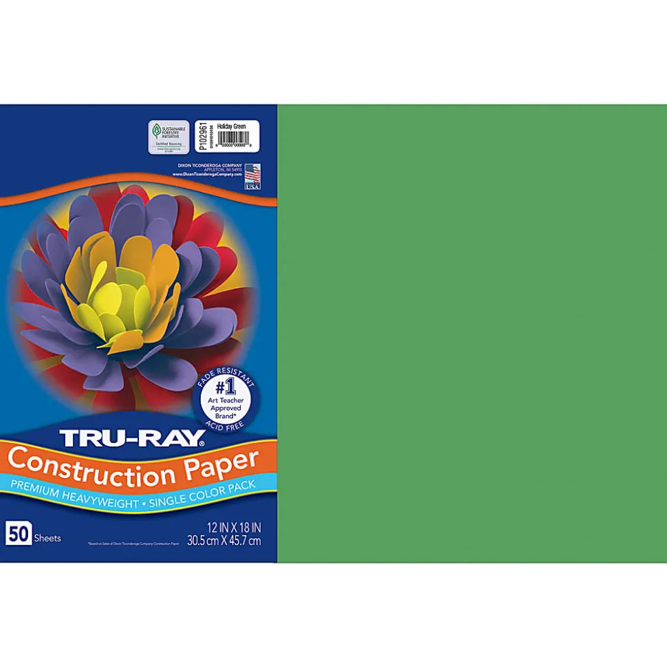 Tru-Ray Construction Paper, Heavyweight, 12" x 18", Holiday Green, 50 Sheets Per Pack, Set Of 5 Packs
