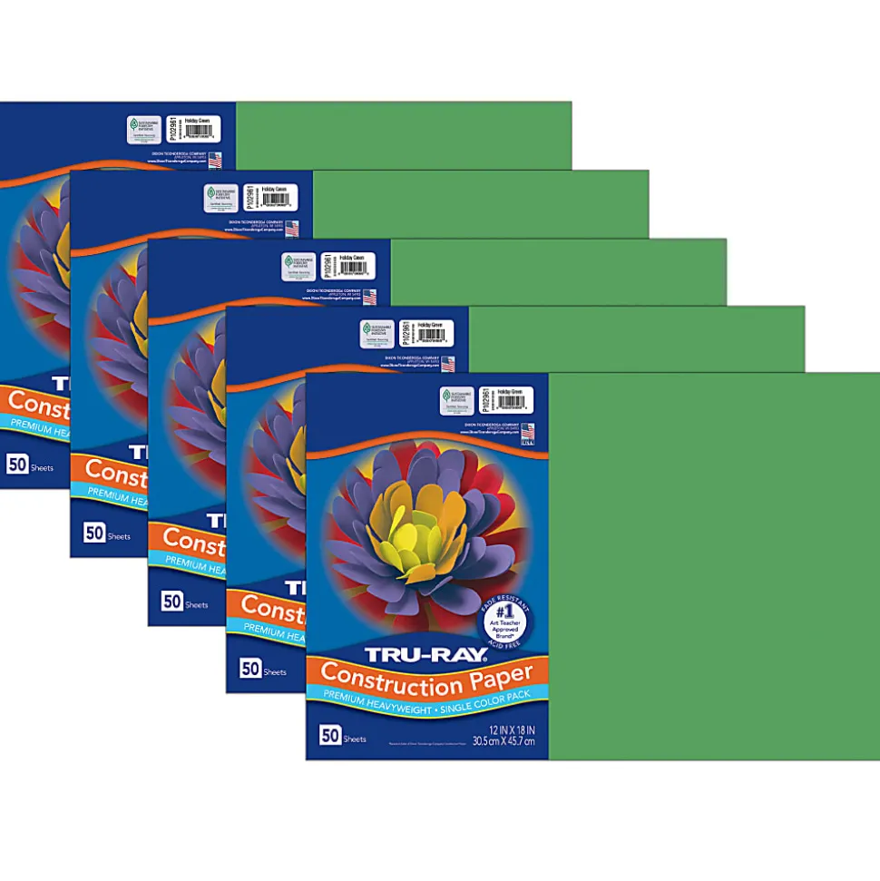 Tru-Ray Construction Paper, Heavyweight, 12" x 18", Holiday Green, 50 Sheets Per Pack, Set Of 5 Packs