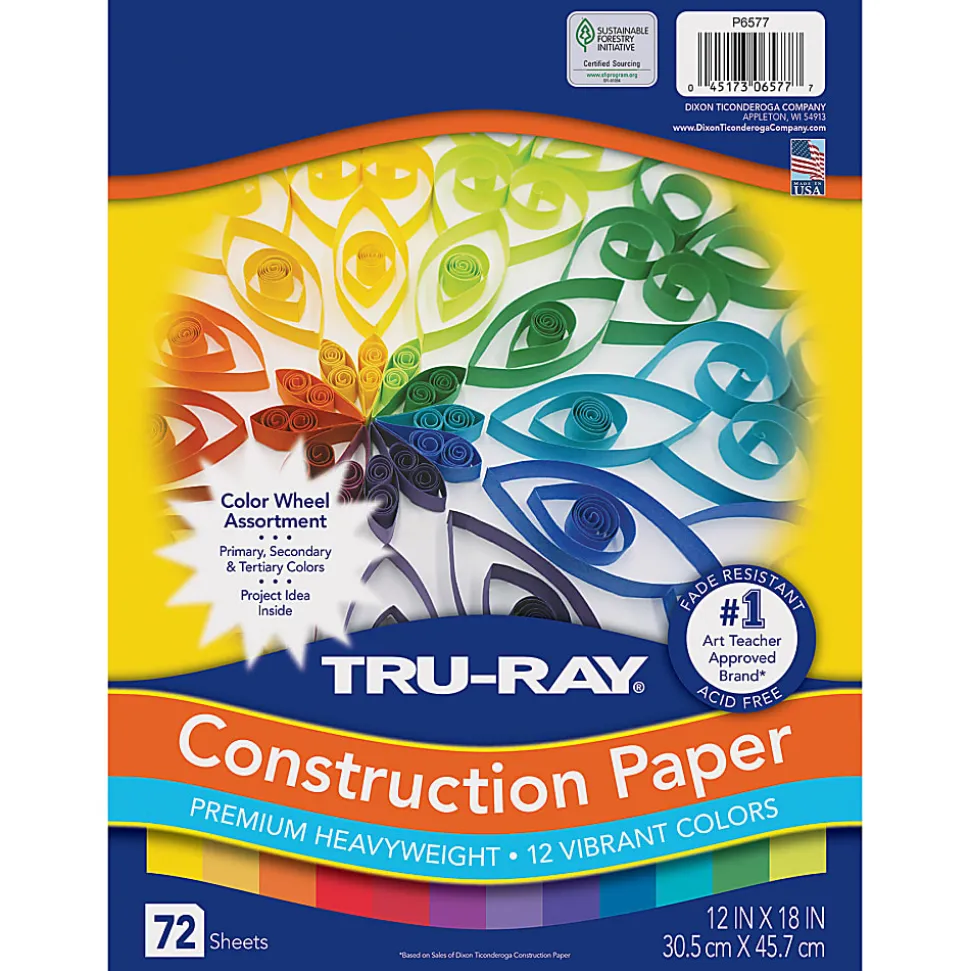 Tru-Ray Construction Paper, Heavyweight, 12" x 18", Color Wheel Assortment, 12 Vibrant Colors, 72 Sheets Per Pack, Set Of 3 Packs