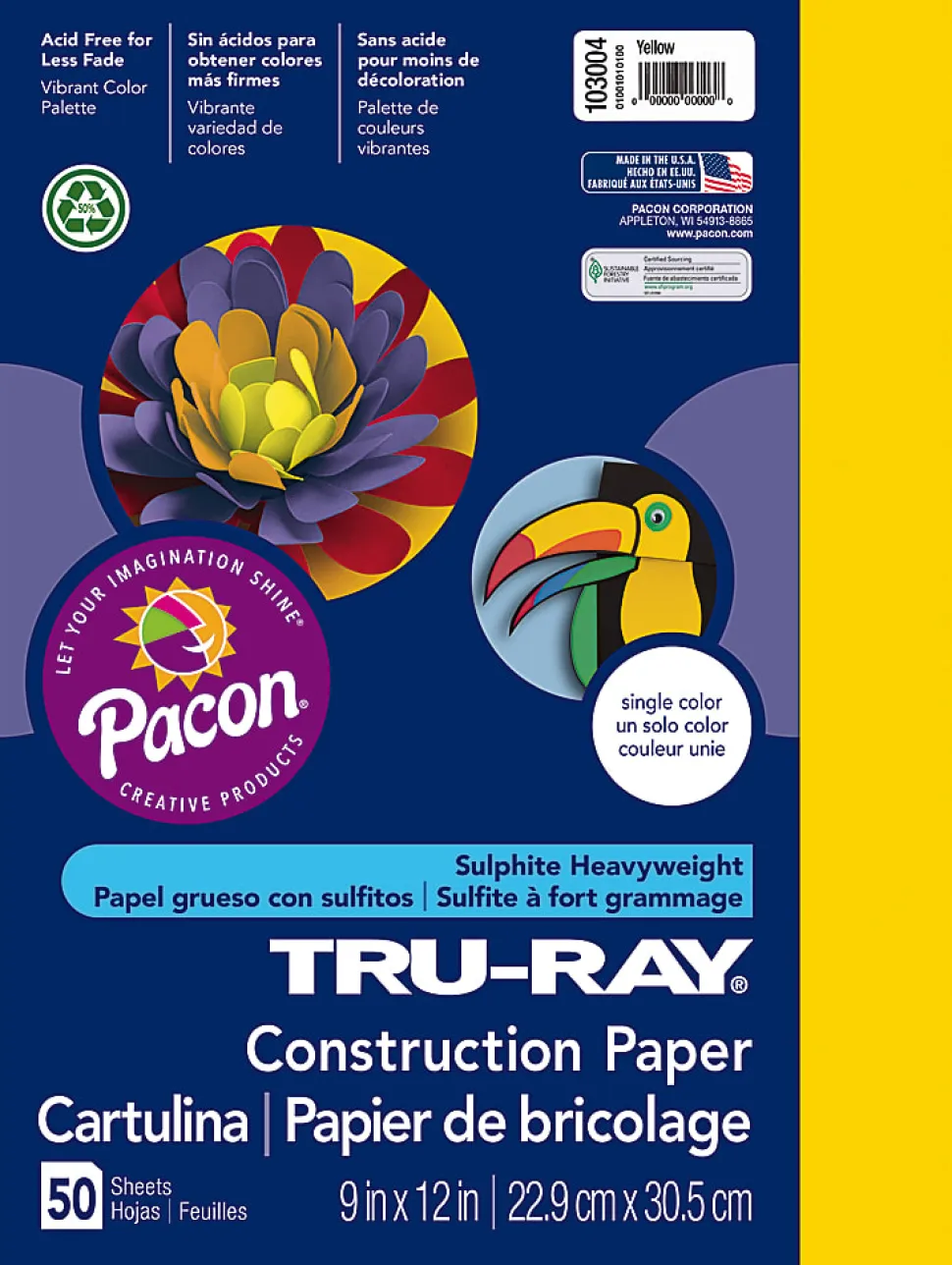 Tru-Ray® Construction Paper, 50% Recycled, 9" x 12", Yellow, Pack Of 50