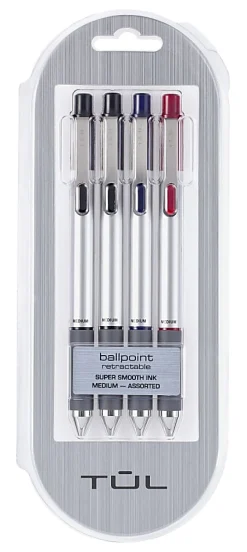 TUL® BP Series Retractable Ballpoint Pens, Medium Point, 1.0 mm, Silver Barrel, Assorted Inks, Pack Of 4 Pens