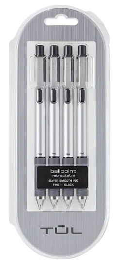 TUL® BP Series Retractable Ballpoint Pens, Fine Point, 0.8 mm, Silver Barrel, Black Ink, Pack Of 4 Pens