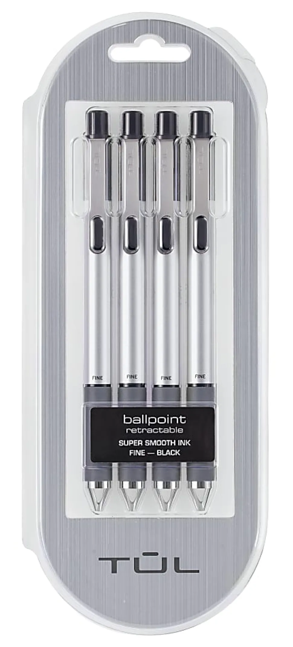 TUL® BP Series Retractable Ballpoint Pens, Fine Point, 0.8 mm, Silver Barrel, Black Ink, Pack Of 4 Pens