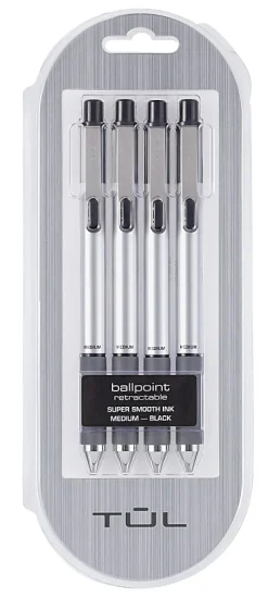 TUL® BP Series Retractable Ballpoint Pens, Medium Point, 1.0 mm, Silver Barrel, Black Ink, Pack Of 4 Pens
