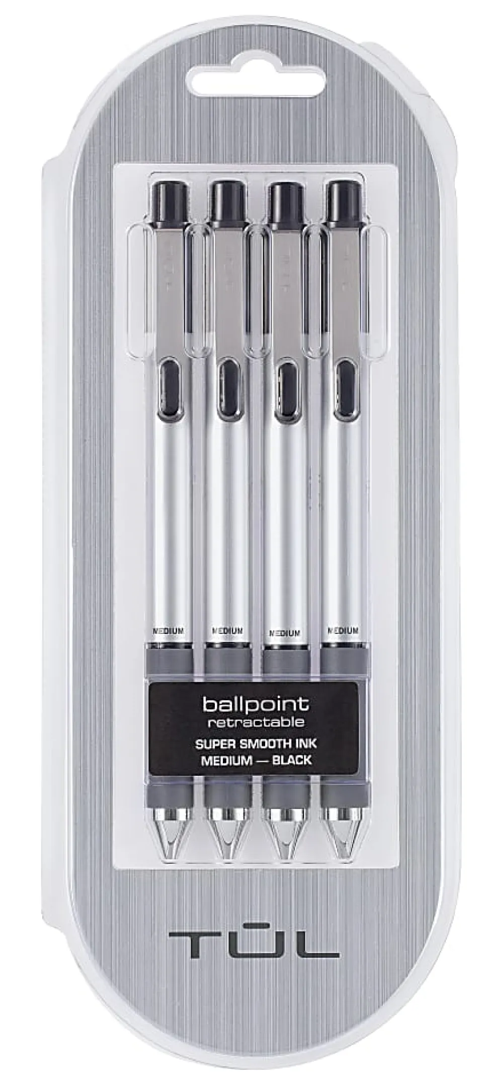 TUL® BP Series Retractable Ballpoint Pens, Medium Point, 1.0 mm, Silver Barrel, Black Ink, Pack Of 4 Pens