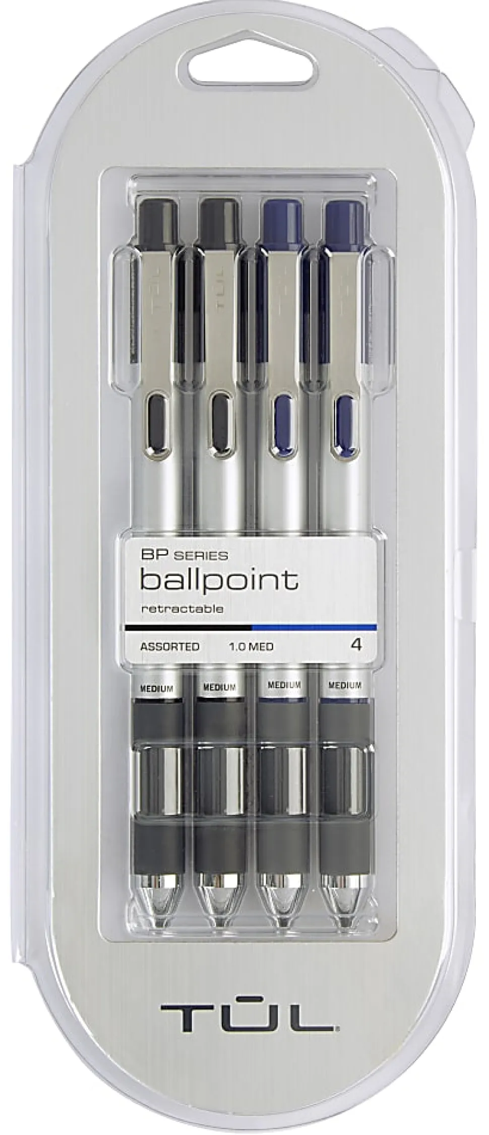 TUL® BP Series Retractable Ballpoint Pens, Medium Point, 1.0 mm, Silver Barrels, Assorted Inks, Pack Of 4 Pens