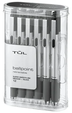 TUL® BP Series Retractable Ballpoint Pens, Medium Point, 1.0 mm, Silver Barrel, Black Ink, Pack Of 12 Pens