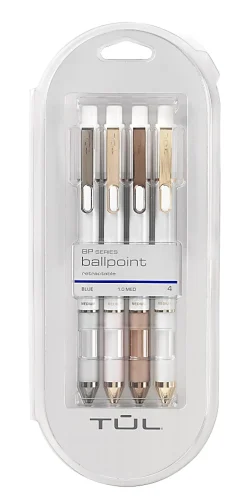 TUL® BP Series Retractable Ballpoint Pens, Bullet Point, 1.0 mm, Pearl White Barrel, Blue Ink, Pack Of 4 Pens