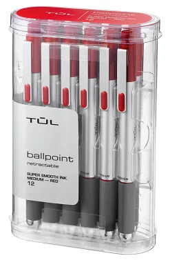 TUL® BP Series Retractable Ballpoint Pens, Medium Point, 1.0 mm, Silver Barrel, Red Ink, Pack Of 12 Pens