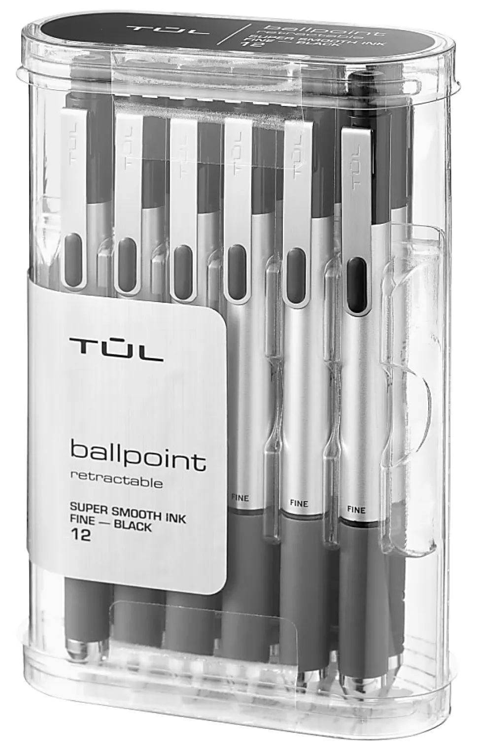 TUL® BP Series Retractable Ballpoint Pens, Fine Point, 0.8 mm, Silver Barrel, Black Ink, Pack Of 12 Pens