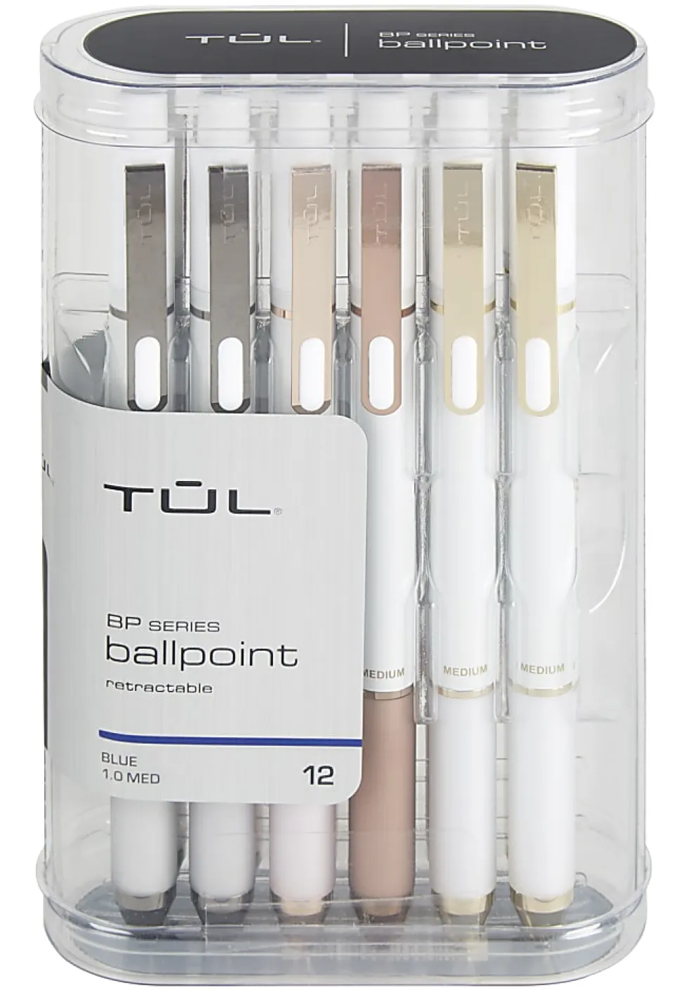TUL® BP Series Retractable Ballpoint Pens, Medium Point, 1.0 mm, Pearl White Barrel, Blue Ink, Pack Of 12 Pens