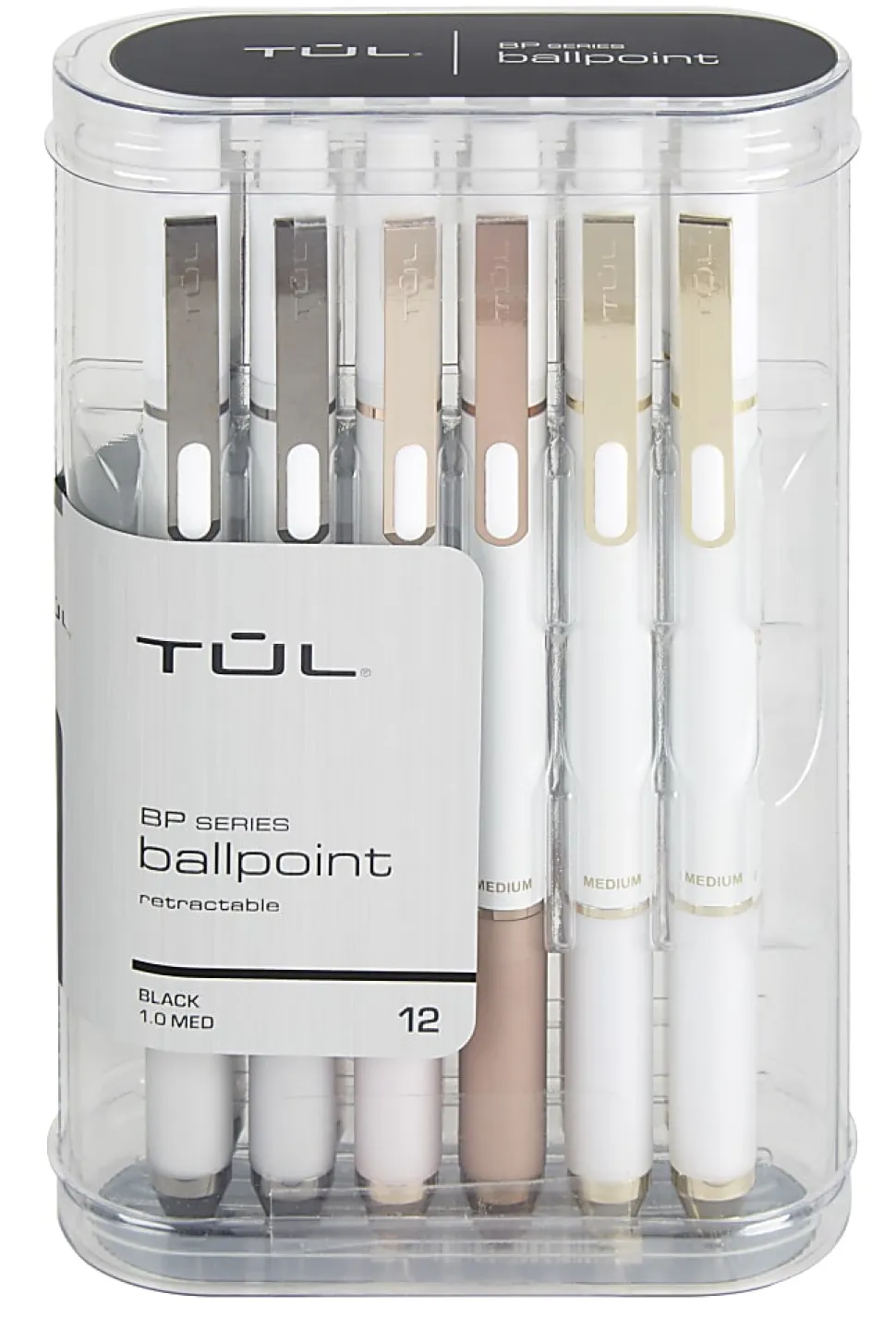 TUL® BP Series Retractable Ballpoint Pens, Medium Point, 1.0 mm, Pearl White Barrel, Black Ink, Pack Of 12 Pens