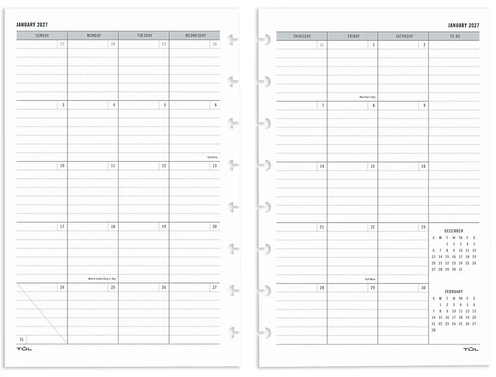 2027 TUL® Discbound Monthly Planner Refill Pages Set With 12 Tab Dividers, Junior Size, Gray, January To December, Total Qty 1