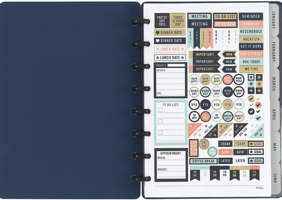 TUL® Discbound Monthly Planner Starter Set, Undated, Junior Size, Soft-Touch Cover, Navy