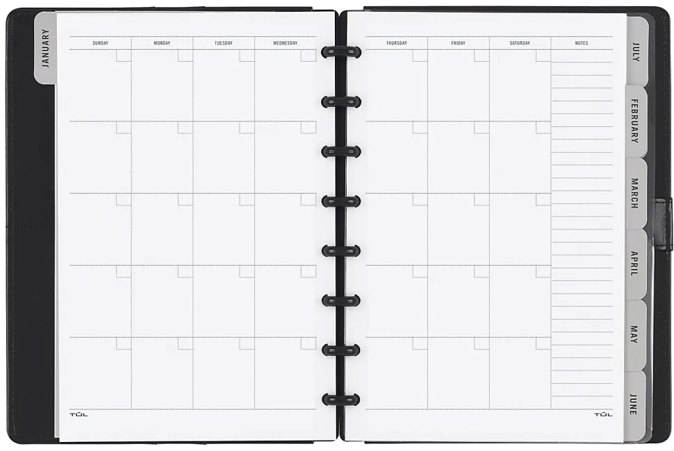 TUL® Discbound Monthly Planner Starter Set, Undated, Junior Size, Leather Cover, Black