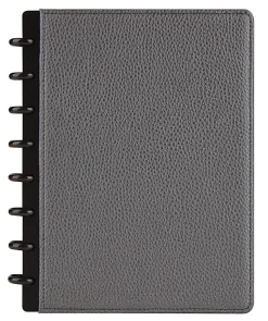 TULĀ® Discbound Notebook With Pebbled Leather Cover, Junior Size, Narrow Ruled, 60 Sheets, Gunmetal