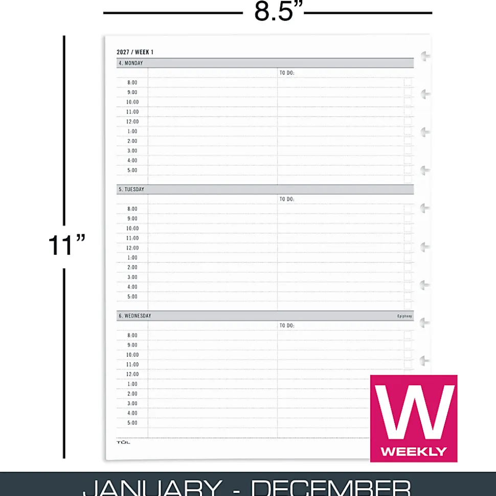 2027 TUL® Discbound Weekly Planner Refill Pages Set, Letter Size, January To December, Total Qty 1, TULLTFLRTIMERY27