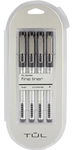 TULĀ® Fineliner Felt-Tip Pens, Ultra-Fine, 0.4 mm, Silver Barrel, Black Ink, Pack Of 4 Pens
