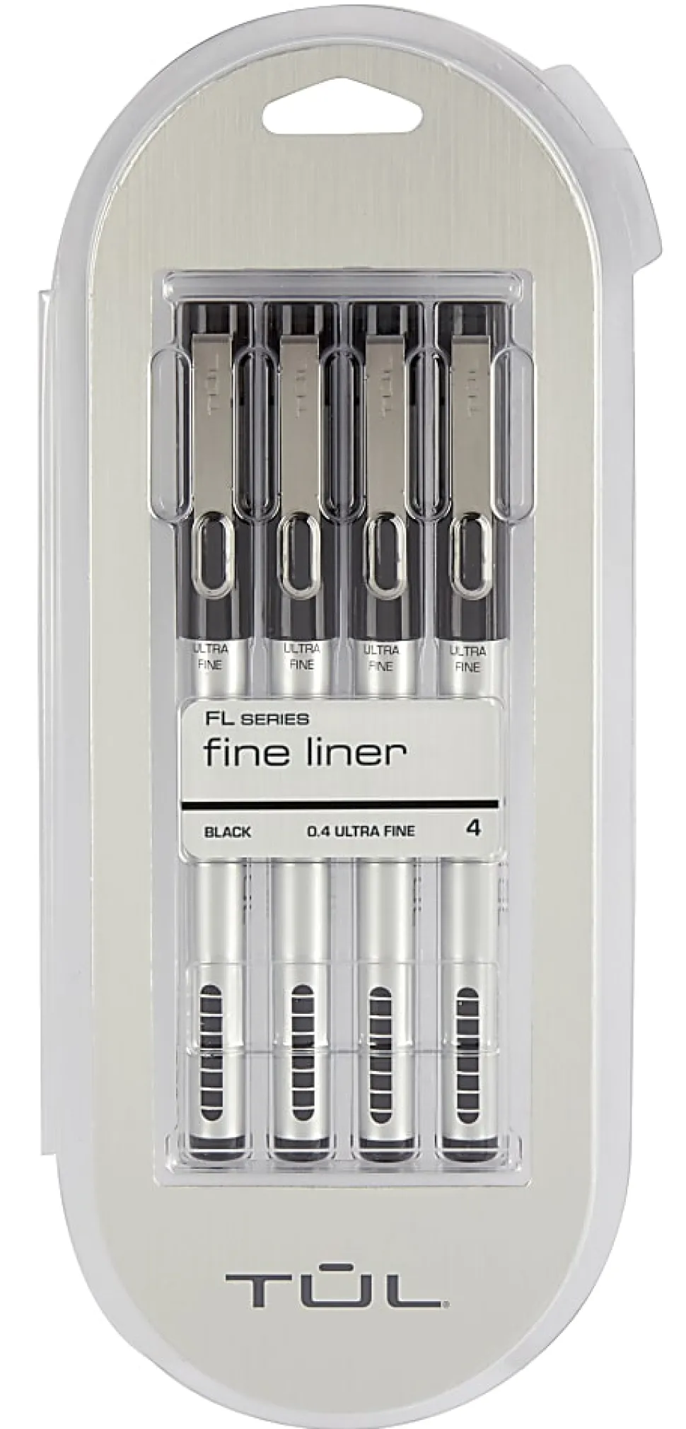 TUL® Fineliner Felt-Tip Pens, Ultra-Fine, 0.4 mm, Silver Barrel, Black Ink, Pack Of 4 Pens