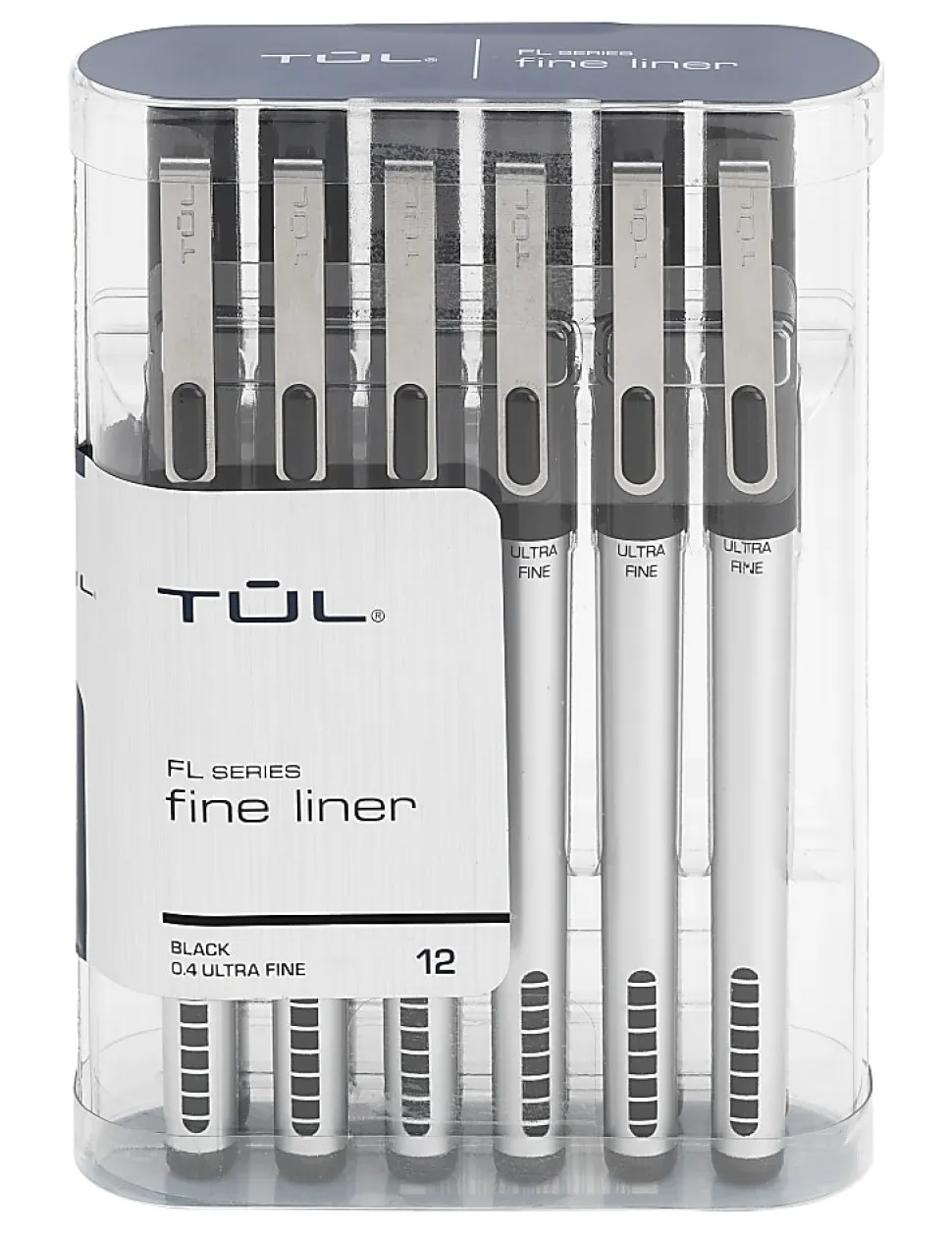TUL® Fineliner Felt-Tip Pens, Ultra-Fine, 0.4 mm, Silver Barrel, Black Ink, Pack Of 12 Pens