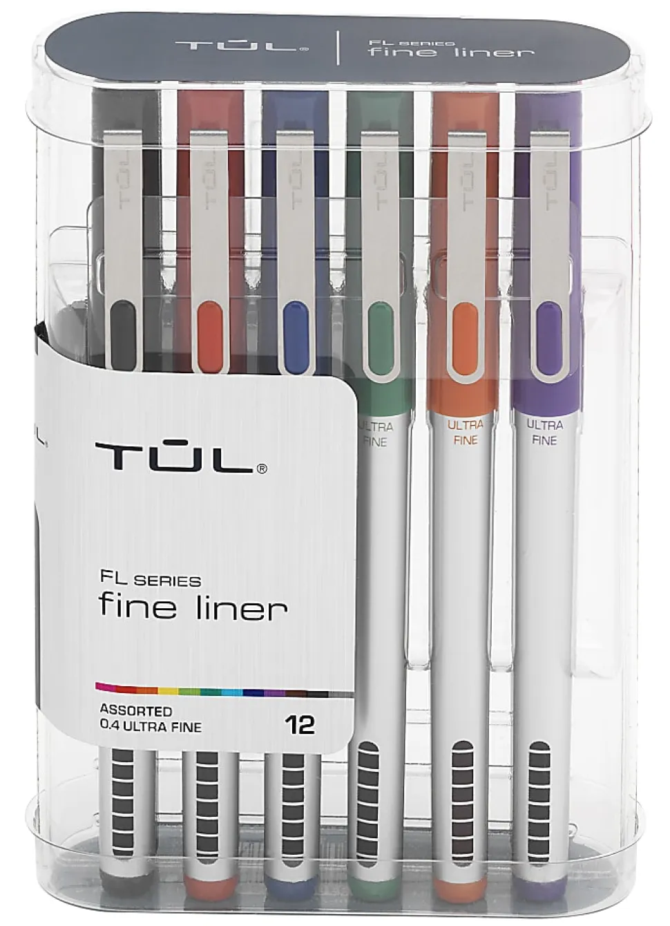 TUL® Fineliner Felt-Tip Pen, Ultra-Fine, 0.4 mm, Silver Barrel, Assorted Ink Colors, Pack Of 12 Pens