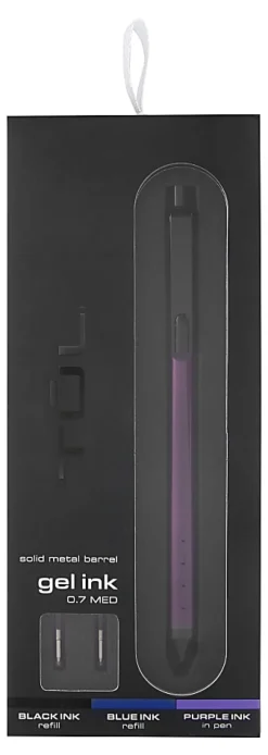TULĀ® Fine Writing Solid Metal Barrel Retractable Gel Pen With 2 Refills, Medium Point, 0.7 mm, Purple Barrel, Purple/Black/Blue Ink