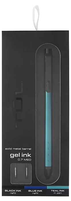 TUL® Fine Writing Solid Metal Barrel Retractable Gel Pen With 2 Refills, Medium Point, 0.7 mm, Teal Barrel, Teal/Black/Blue Ink