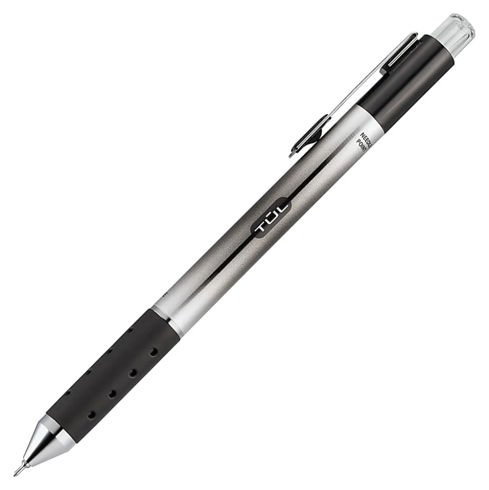 TUL® GL Series Retractable Gel Pens, Needle Point, 0.7 mm, Silver Barrel, Black Ink, Pack Of 12 Pens