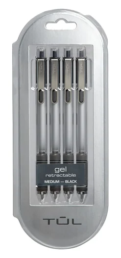 TULĀ® GL Series Retractable Gel Pens, Medium Point, 0.7 mm, Silver Barrel, Black Ink, Pack Of 4 Pens