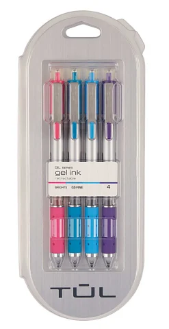TULĀ® GL Series Retractable Gel Pens, Fine Point, 0.5 mm, Silver Barrel, Assorted Inks, Pack Of 4 Pens