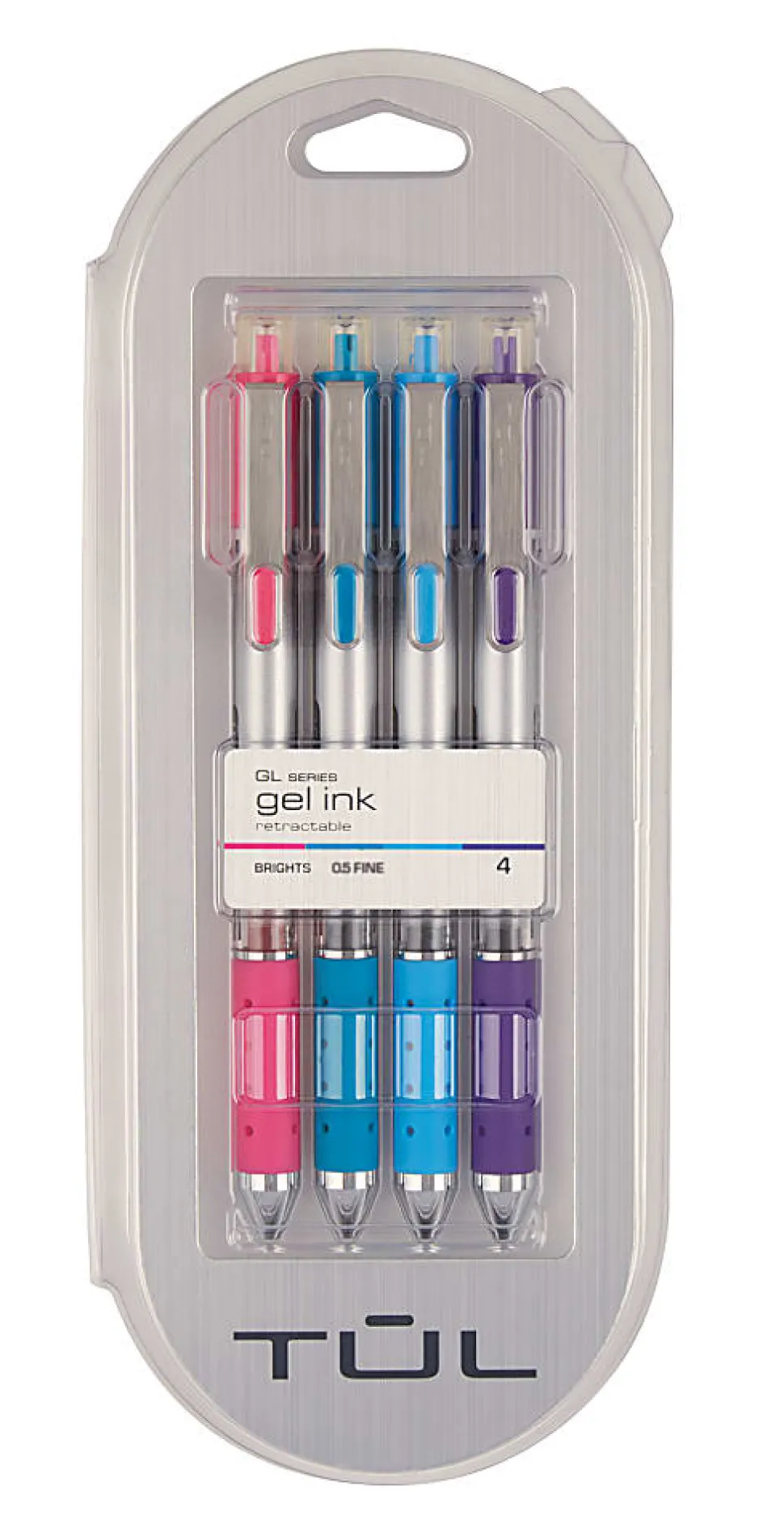 TUL® GL Series Retractable Gel Pens, Fine Point, 0.5 mm, Silver Barrel, Assorted Inks, Pack Of 4 Pens