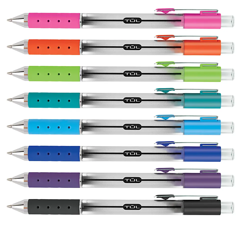 TUL® GL Series Retractable Gel Pens, Medium Point, 0.7 mm, Silver Barrel, Assorted Bright Inks, Pack Of 8 Pens