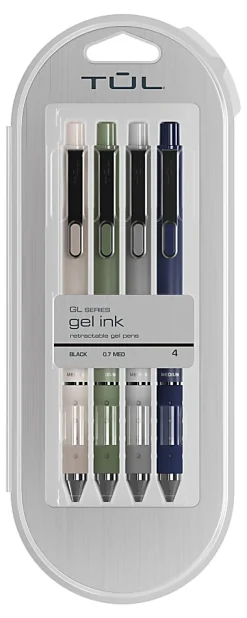 TULĀ® GL Series Retractable Gel Pens, Medium Point, 0.7 mm, Assorted Gunmetal Barrel Colors, Black Ink, Pack Of 4 Pens