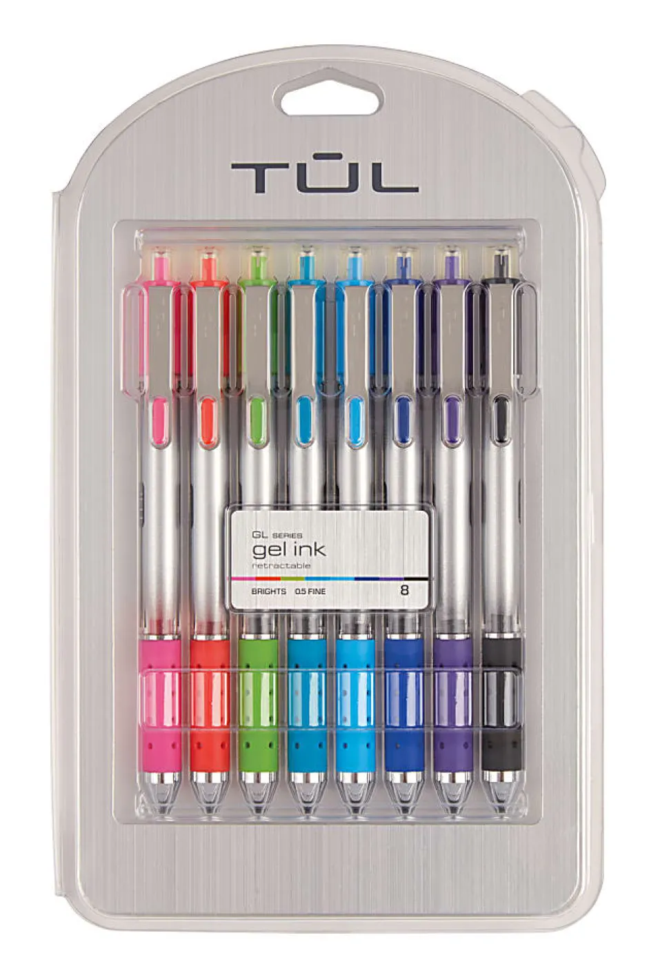 TUL® GL Series Retractable Gel Pens, Fine Point, 0.5 mm, Silver Barrel, Assorted Bright Inks, Pack Of 8 Pens