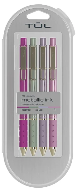 TUL® GL Series Retractable Gel Pens, Medium Point, 0.8 mm, Assorted Barrel Colors With Gold Lines, Assorted Metallic Ink, Pack Of 4 Pens