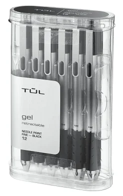 TULĀ® GL Series Retractable Gel Pens, Needle Point, 0.5 mm, Silver Barrel, Black Ink, Pack Of 12 Pens