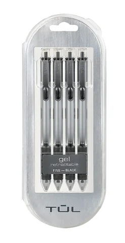 TULĀ® GL Series Retractable Gel Pens, Fine Point, 0.5mm, Silver Barrel, Black Ink, Pack Of 4 Pens
