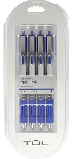 TULĀ® GL Series Retractable Gel Pens, Bold Point, 1.0 mm, Silver Barrel, Blue Ink, Pack Of 4 Pens