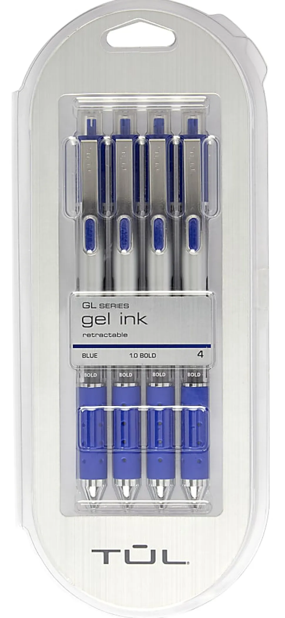 TUL® GL Series Retractable Gel Pens, Bold Point, 1.0 mm, Silver Barrel, Blue Ink, Pack Of 4 Pens
