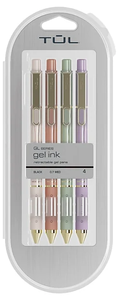 TULĀ® GL Series Retractable Gel Pens, Medium Point, 0.7 mm, Assorted Barrel Colors With Gold Lines, Black Ink, Pack Of 4 Pens