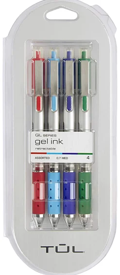 TUL® Retractable Gel Pens, Medium Point, 0.7 mm, Silver Barrel, Red/Sky Blue/Blue/Green Inks, Pack Of 4 Pens