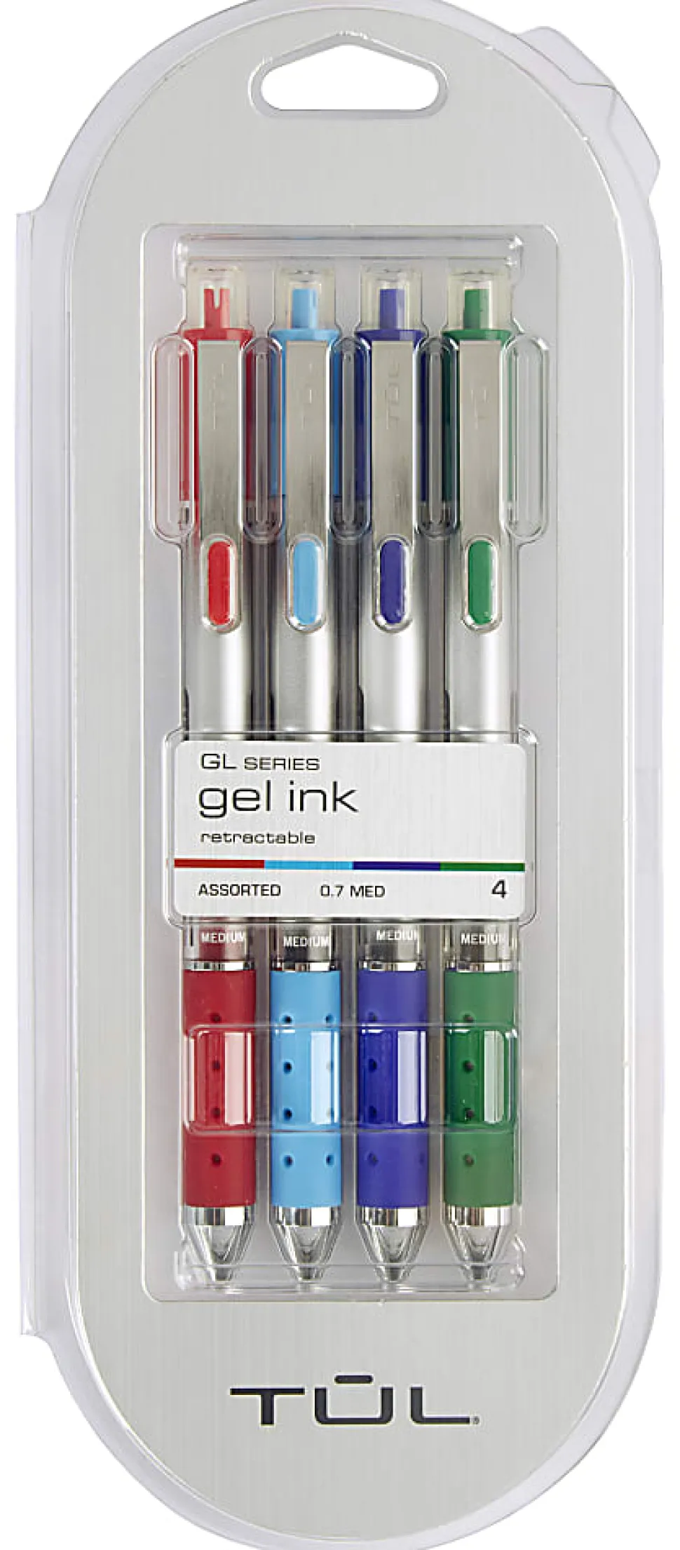 TUL® Retractable Gel Pens, Medium Point, 0.7 mm, Silver Barrel, Red/Sky Blue/Blue/Green Inks, Pack Of 4 Pens