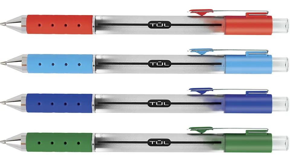 TUL® Retractable Gel Pens, Medium Point, 0.7 mm, Silver Barrel, Red/Sky Blue/Blue/Green Inks, Pack Of 4 Pens