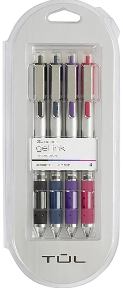 TUL® Retractable Gel Pens, Medium Point, 0.7 mm, Silver Barrel, Black/Navy/Purple/Lavender Inks, Pack Of 4 Pens