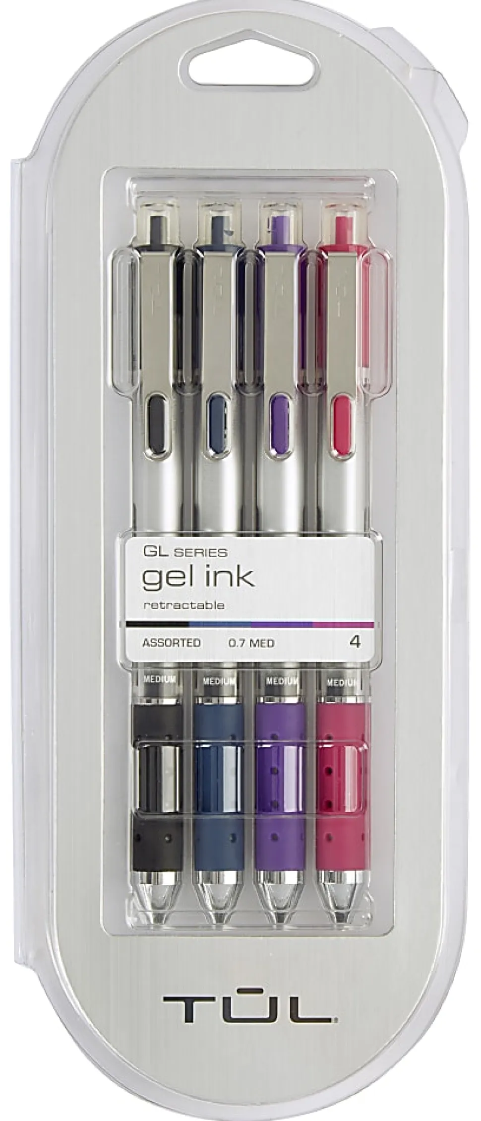 TUL® Retractable Gel Pens, Medium Point, 0.7 mm, Silver Barrel, Black/Navy/Purple/Lavender Inks, Pack Of 4 Pens